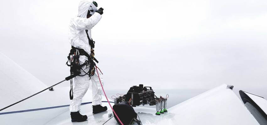 First robotic ‘blade walk’ on a wind turbine BladeBUG-summit-LDT