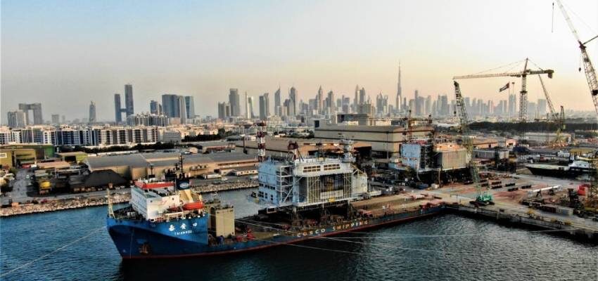 First Hollandse Kust Zuid offshore substation topside leaves Dubai a ship in a port