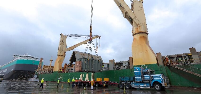 Transformer arrival to help deliver $1.8 B EnergyConnect project Port Kembla transformers Transgrid