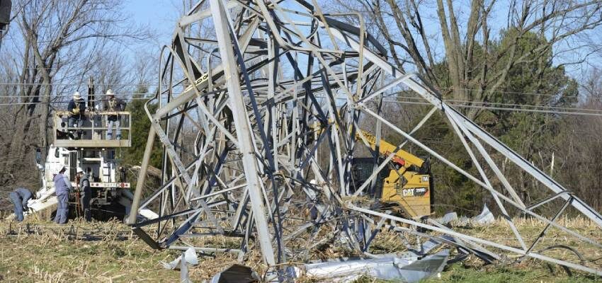 US public power utilities restoring power in wake of tornadoes power pylon