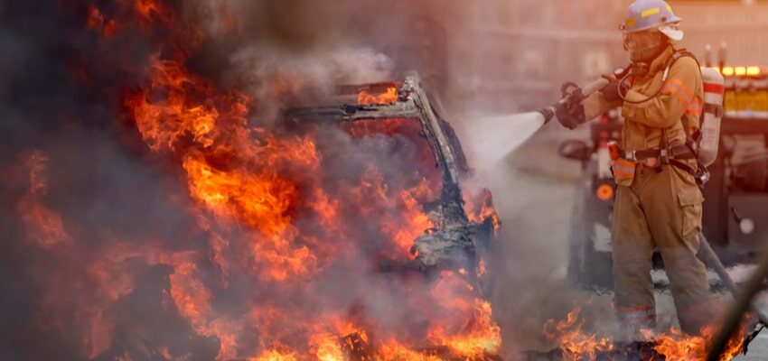 Car bursts into flames after knocking down power pole Car fire